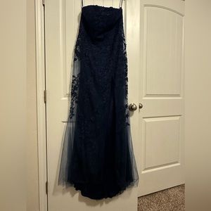 Embroidered Lace High Slit Long Evening & Prom Dress Midnight Blue